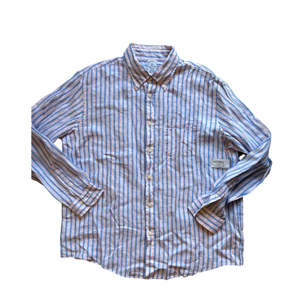Brooks Brothers 1818 Mens XL Regular Fit 100 % Linen Striped Shirt Blue Pink